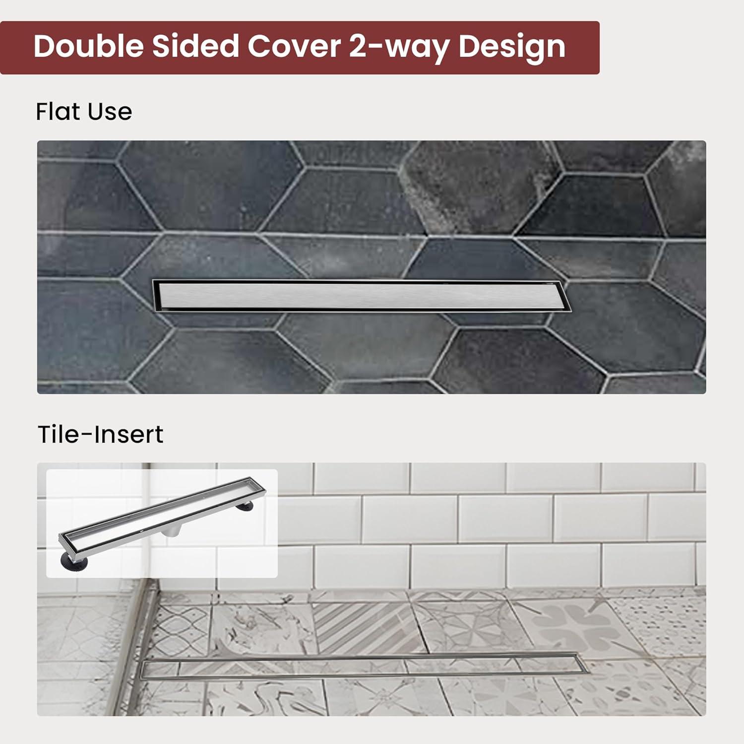 BRÜUN Shower Drain with Removable Square Hole Panel- A (24-inch) 304 Stainless Steel Long Channel Brushed Finish Linear Bathroom Floor Drain Include Hair Strainer and Leveling Feet for Water Waste