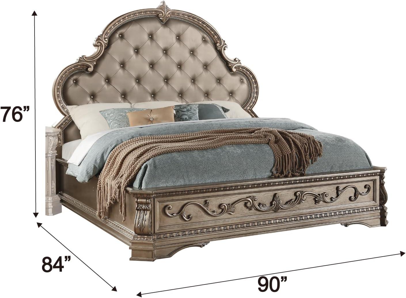 Antique Champagne King Wood Upholstered Bed with Tufted Headboard