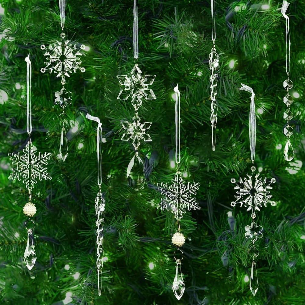 Meottam 18 Pieces Christmas Tree Ornaments - Hanging Acrylic Snowflake Icicle Drop Hanging Ornaments for Party Decor Christmas Wedding Birthday Winter Decor (Iridescent)