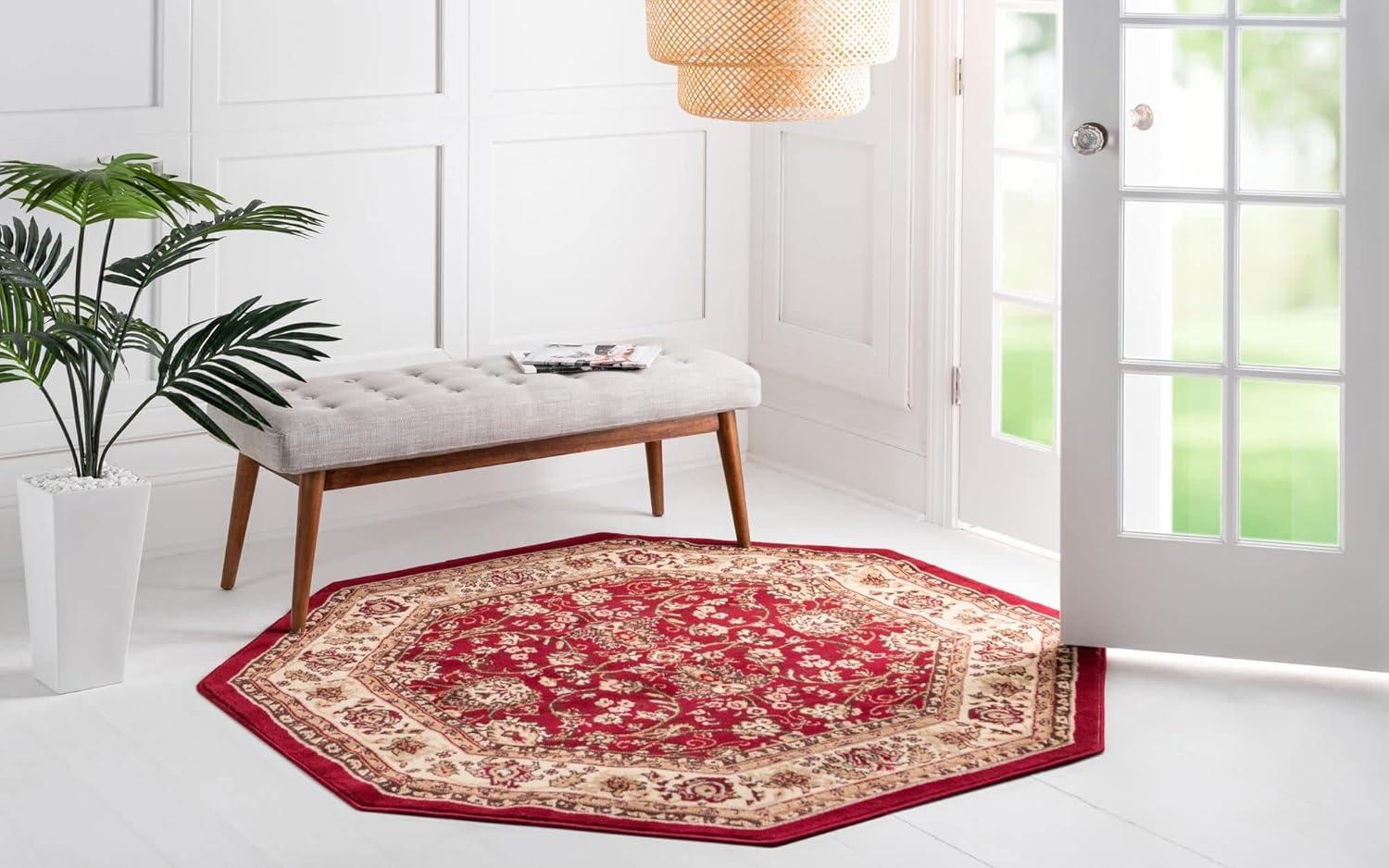 Burgundy and Cream Octagon Synthetic Area Rug