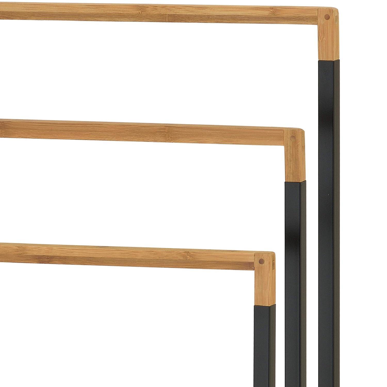 MyGift 33 Inch Black Chrome Plated Metal Freestanding Bathroom Towel Rack Stand with 3 Tier Bamboo Wood Bar, Laundry Room Drying Rack Stand