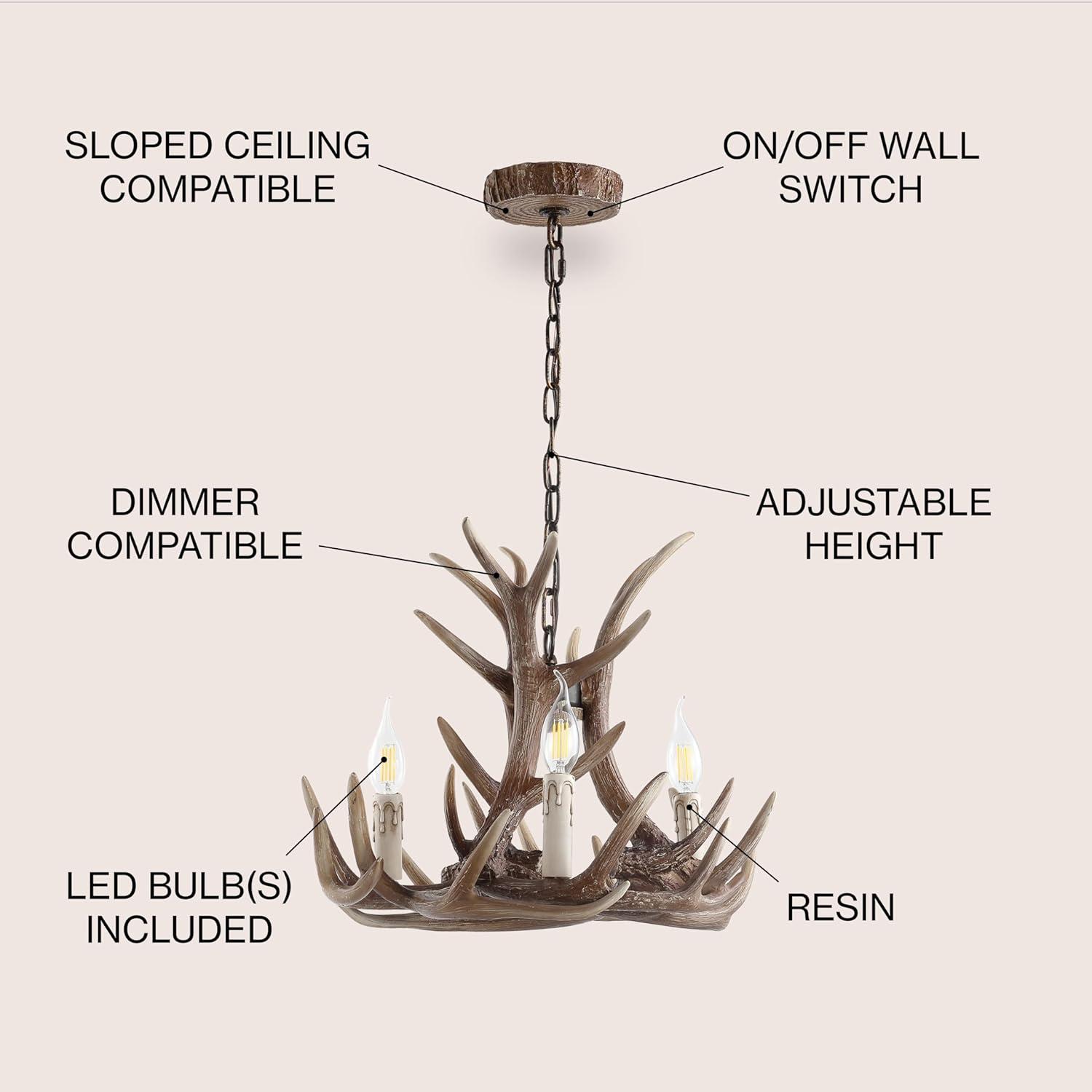 Nelle 18" Adjustable Resin Antler 3-Light LED Chandelier, Brown