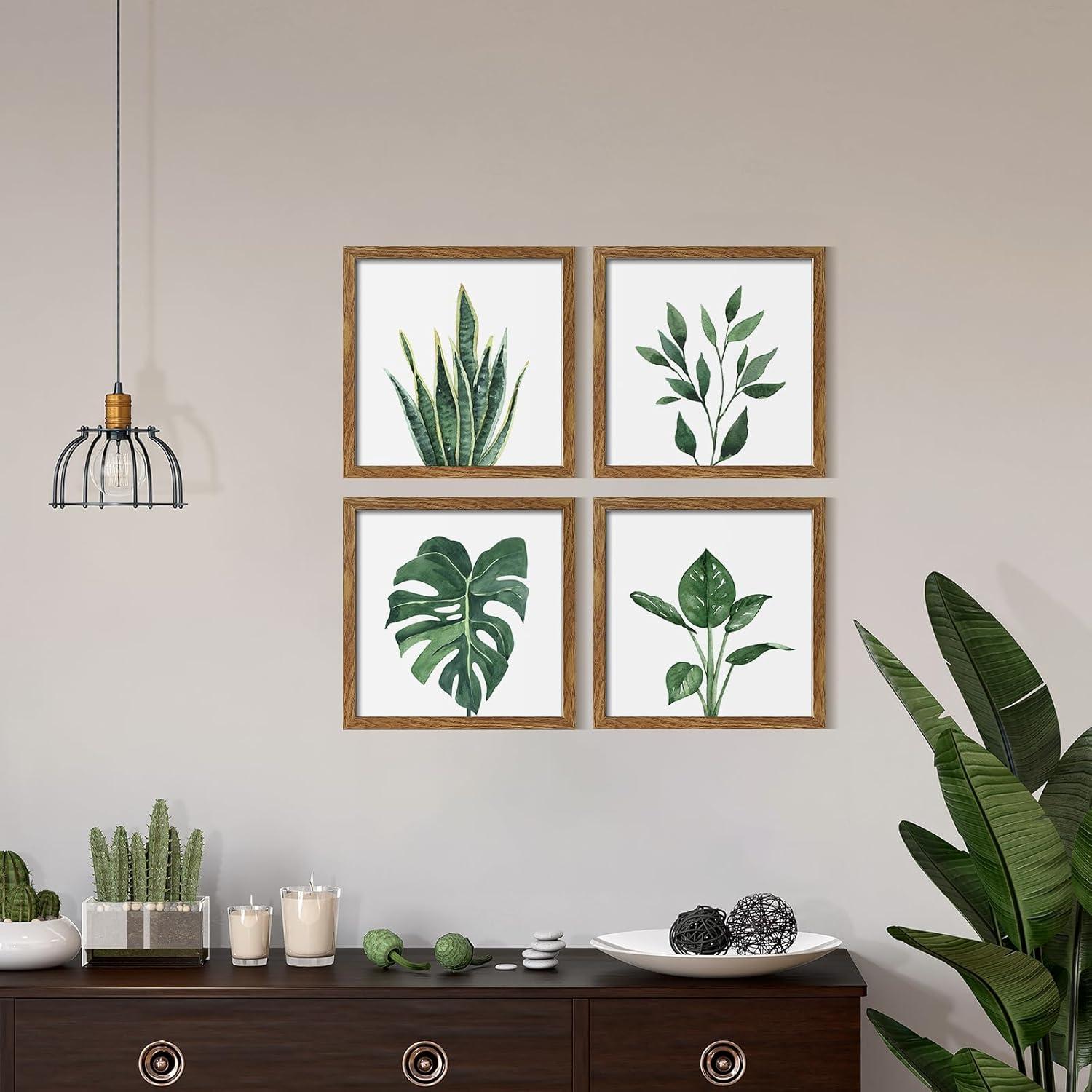 10x10 Walnut Botanical Green Plant Framed Wall Art Set