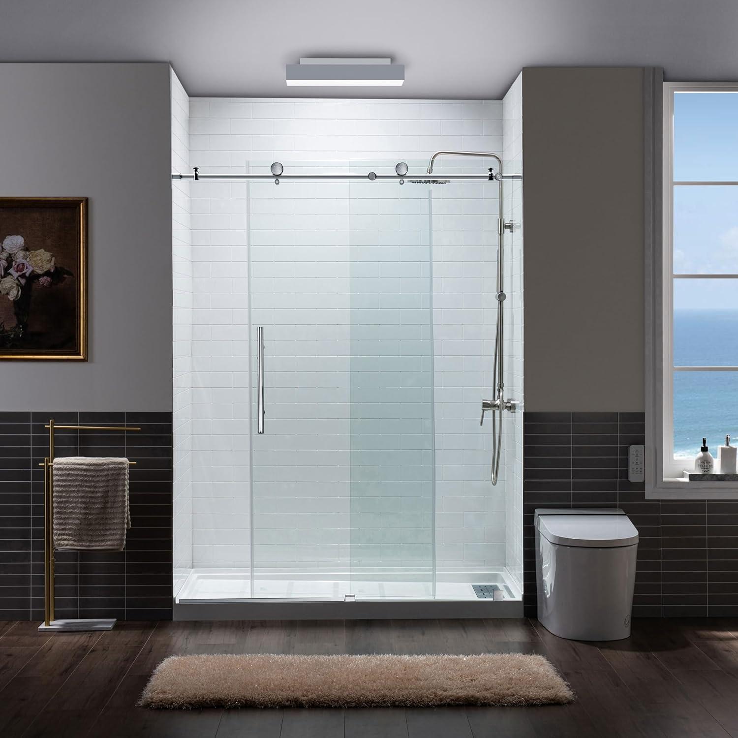 WoodBridge Frameless Single Sliding Shower Door with Soft Close System, 57.5-60" Width x 80"Height with 5/16"(8mm) Clear Tempered Glass & Reviews | Wayfair