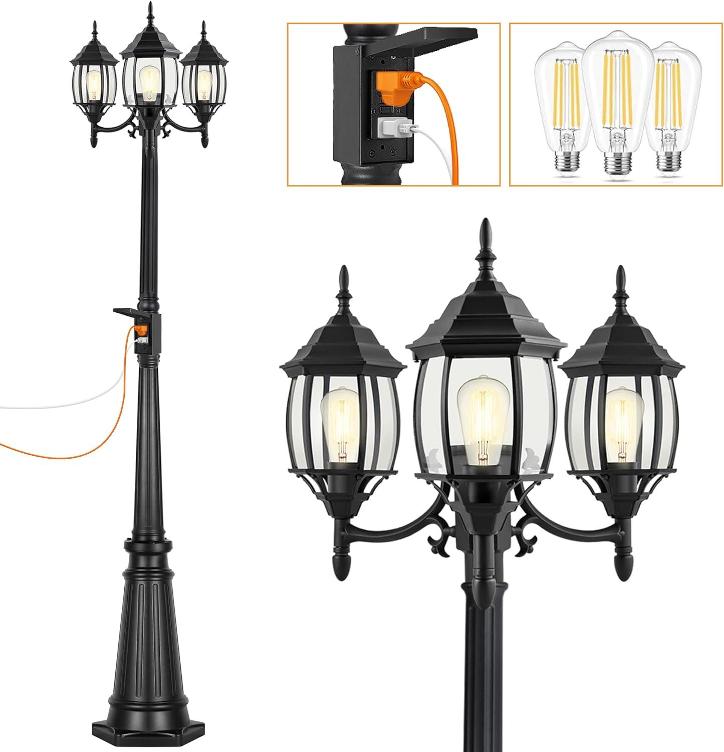 Classic Black 3-Head Outdoor Lamp Post with Clear Glass Panels