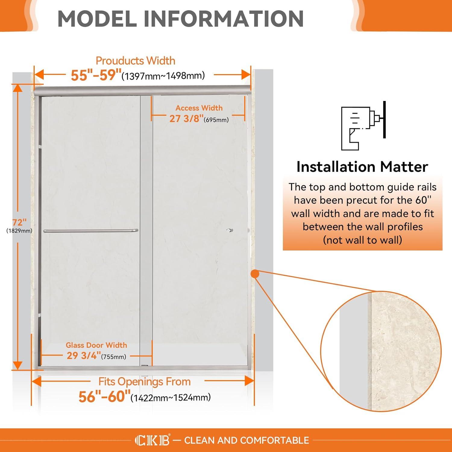 Brushed Nickel Semi-Frameless Sliding Shower Door with Clear Glass