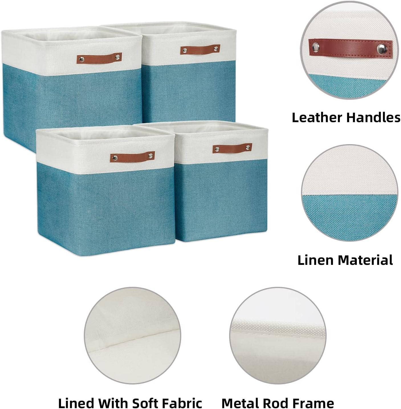 Tegance 13x13 Storage Cubes Baskets 4 Pack Fabric Cube Storage Bins Large Storage Baskets with Leather Handles,Decorative Storage Boxes for Organizing Shelves(WhiteGreen)
