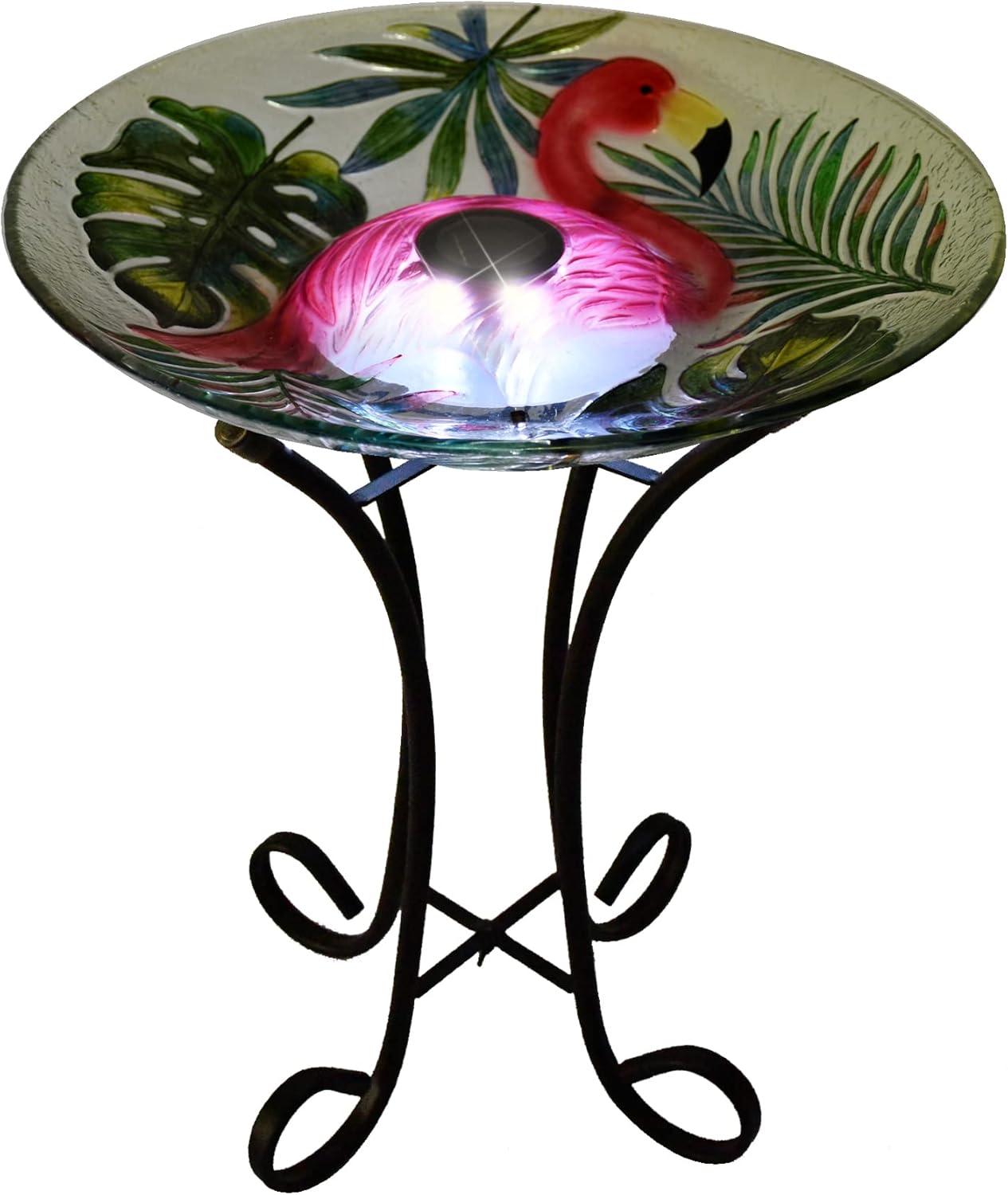 Hi-Line Gift Ltd. Solar LED Verdant Glass Bird Bath with Stand - Flamingo