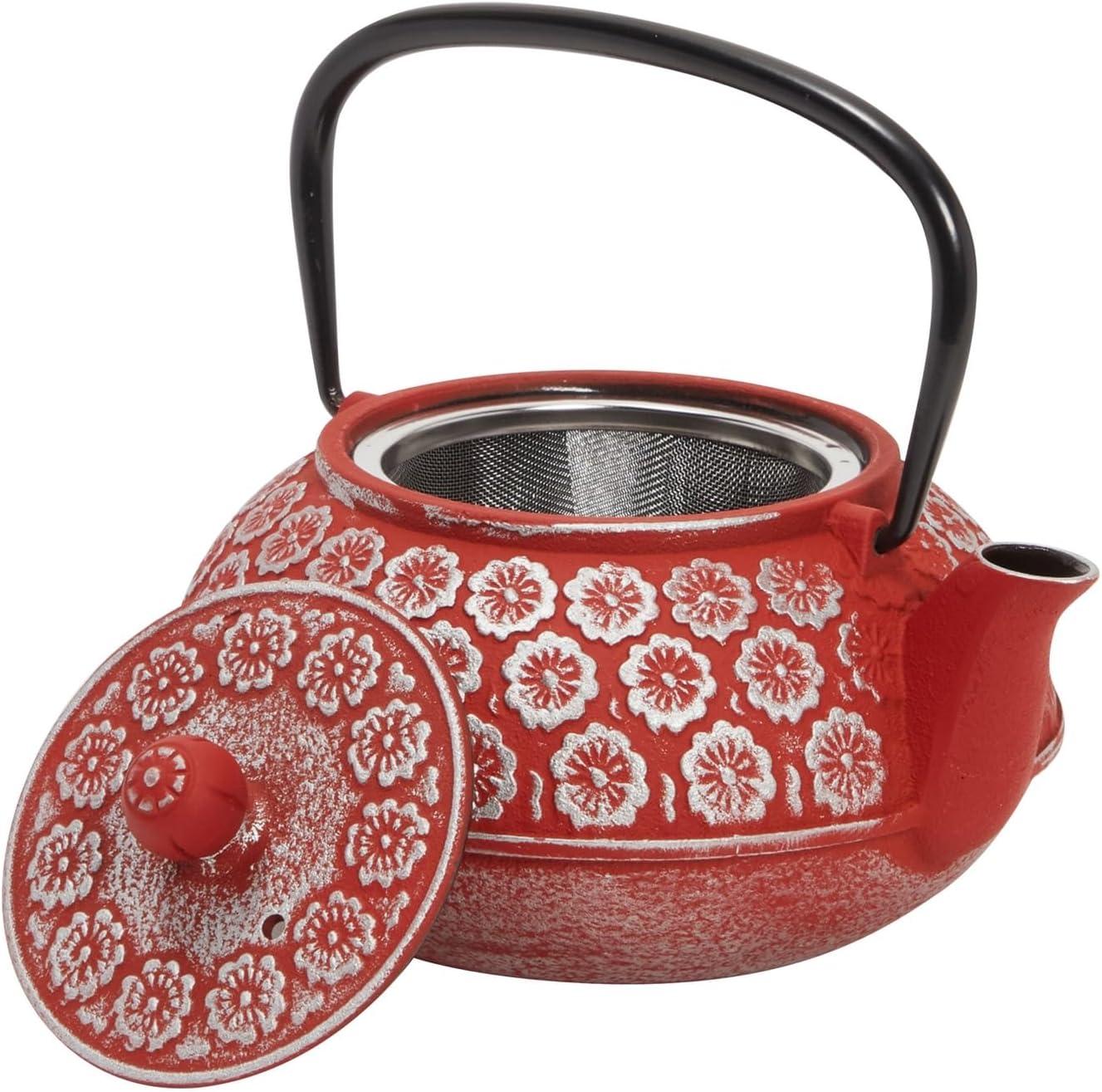 Juvale Green Cast Iron Floral Teapot Kettle with Stainless Steel Infuser Set, Japanese Tea Pot for Kitchen Pantry, 34 oz