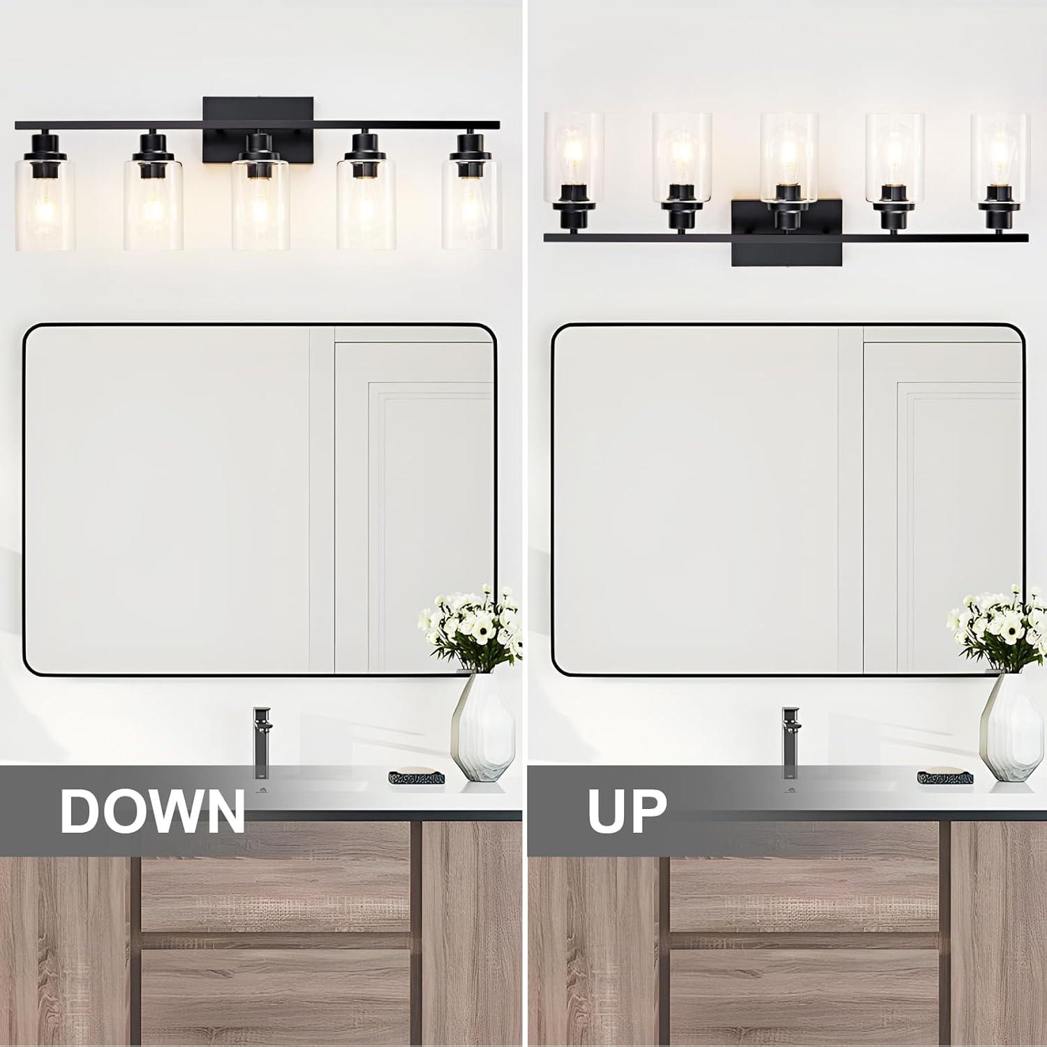 Matte Black 5-Light Bathroom Vanity Fixture with Glass Shades