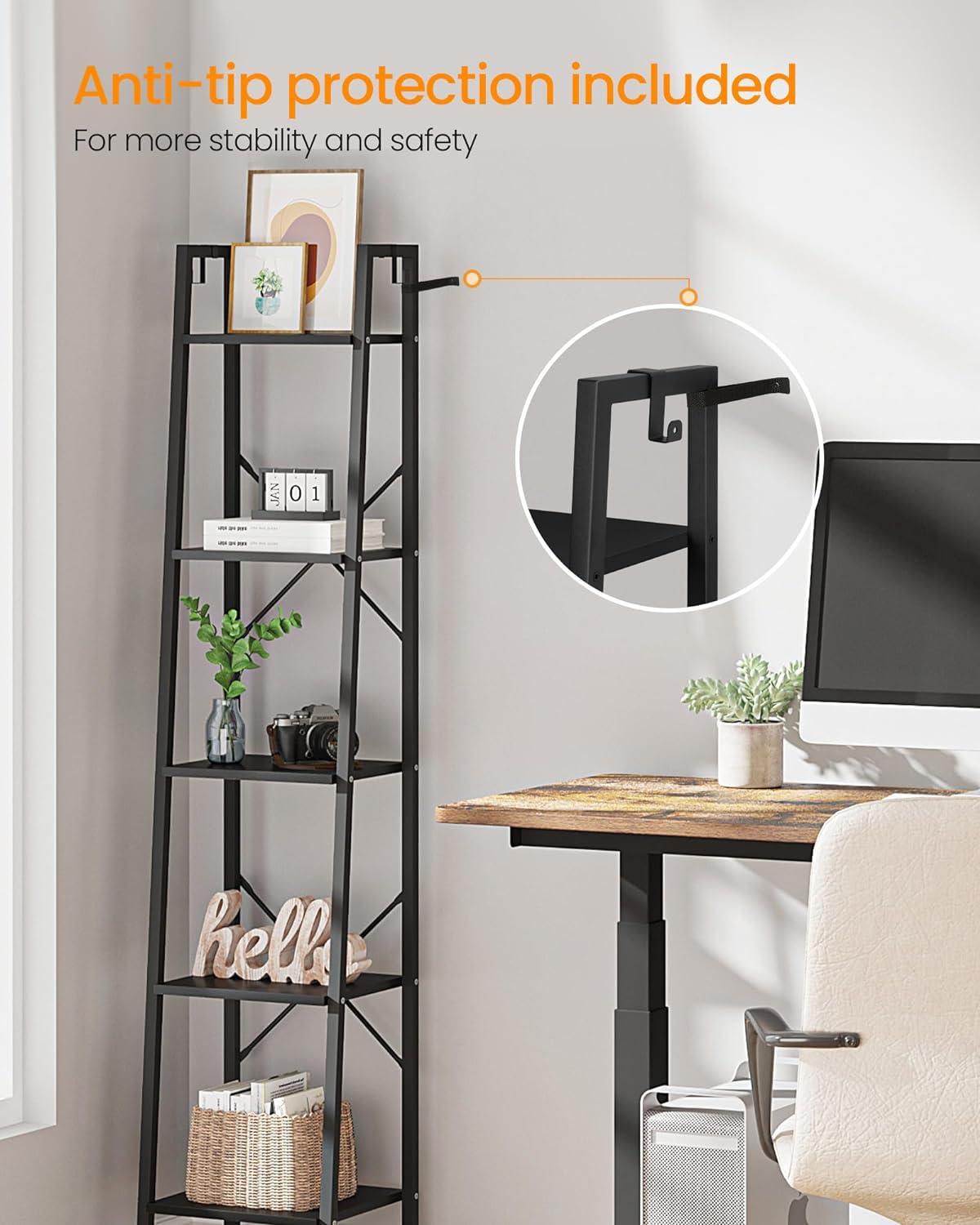 Black Industrial 5-Tier Ladder Corner Bookshelf with Hooks