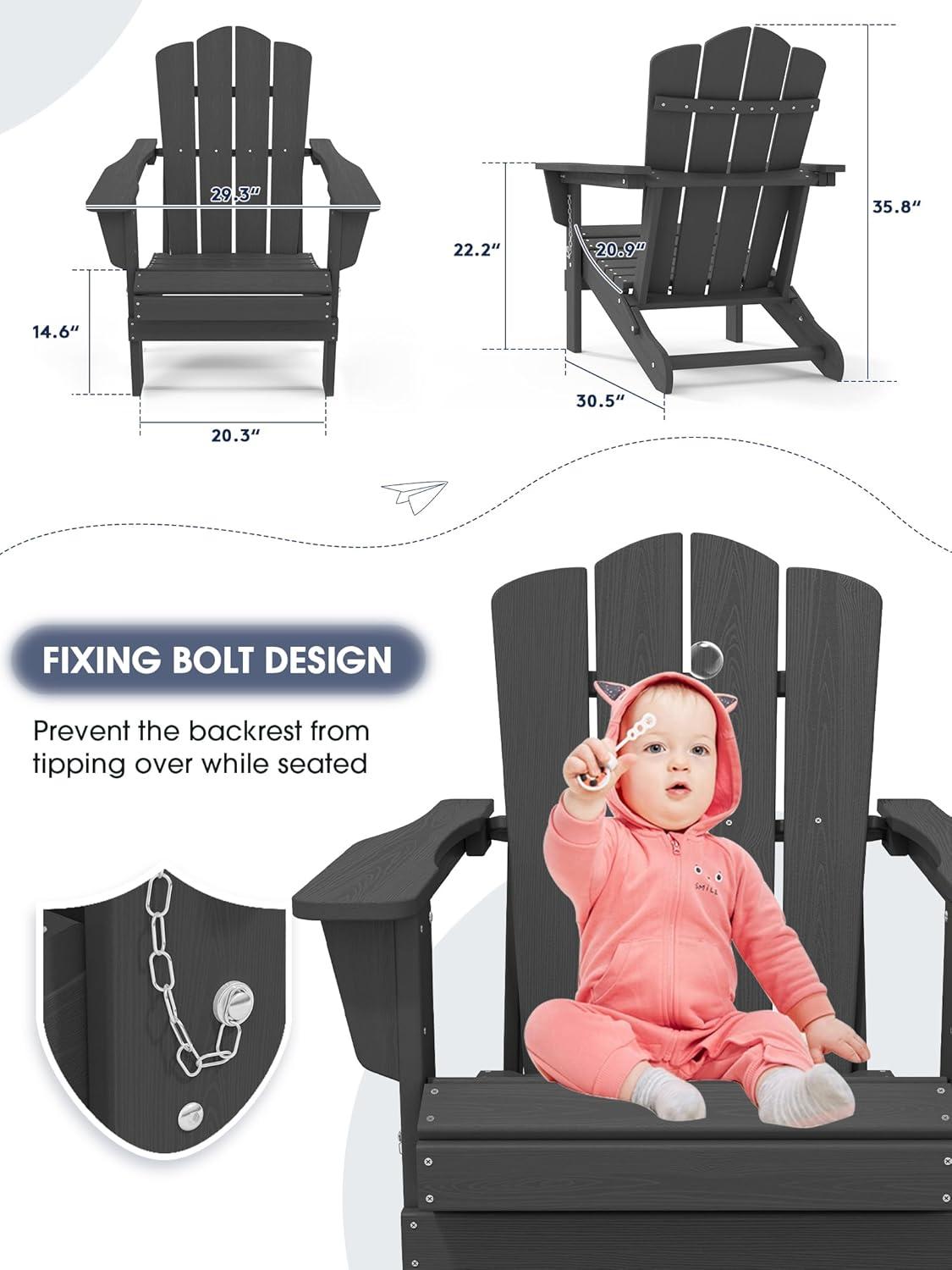 Gray HDPE Folding Adirondack Chair with Armrests