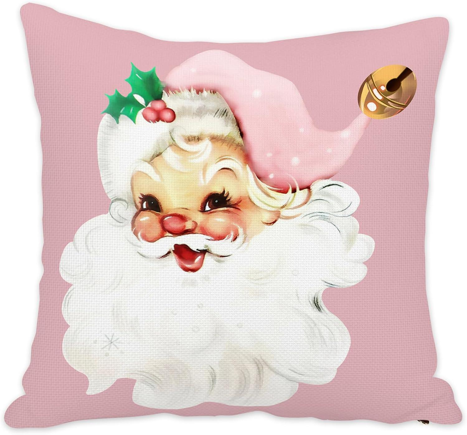 Vintage Santa Claus Christmas Pillow Cover 18x18 Inch, Pink Striped Retro Holiday Cushion for Winter Home Decor, Festive Throw Pillow for Living Room, Bedroom, Sofa Decoration(Pink)