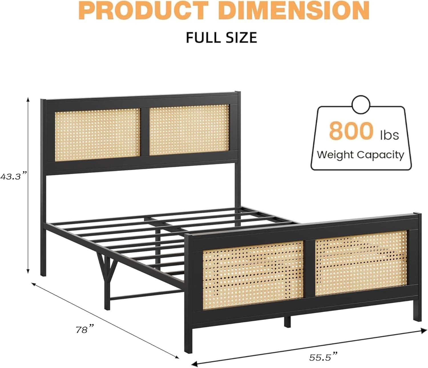 Garvee Rattan Bed Frame with Headboard, Full Bed Frame with Strong Metal Slats Support, Noise-Free Design, No Box Spring Needed, Black