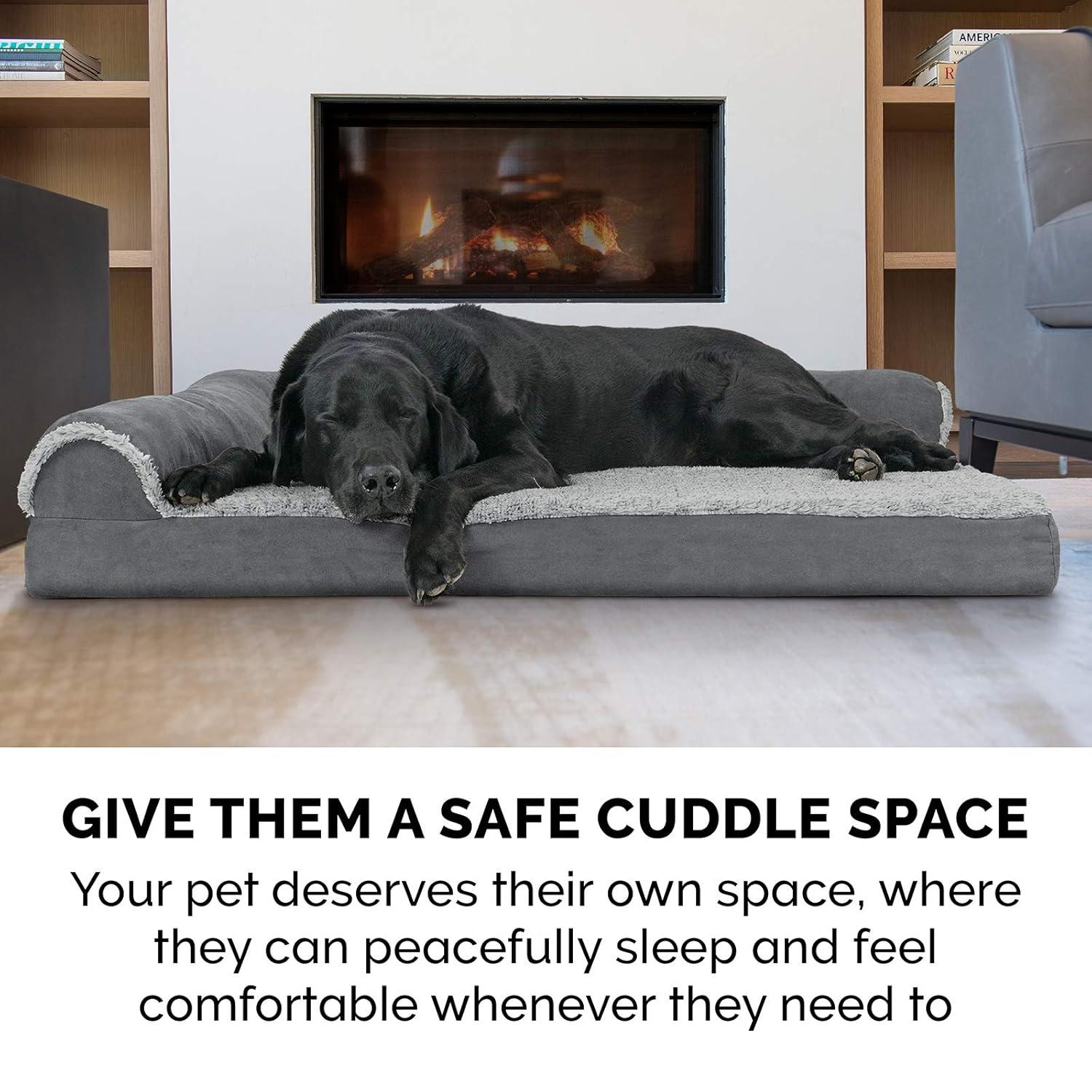 FurHaven Two-Tone Faux Fur & Suede Deluxe Chaise Lounge Orthopedic Sofa Dog Bed - Jumbo, Stone Gray