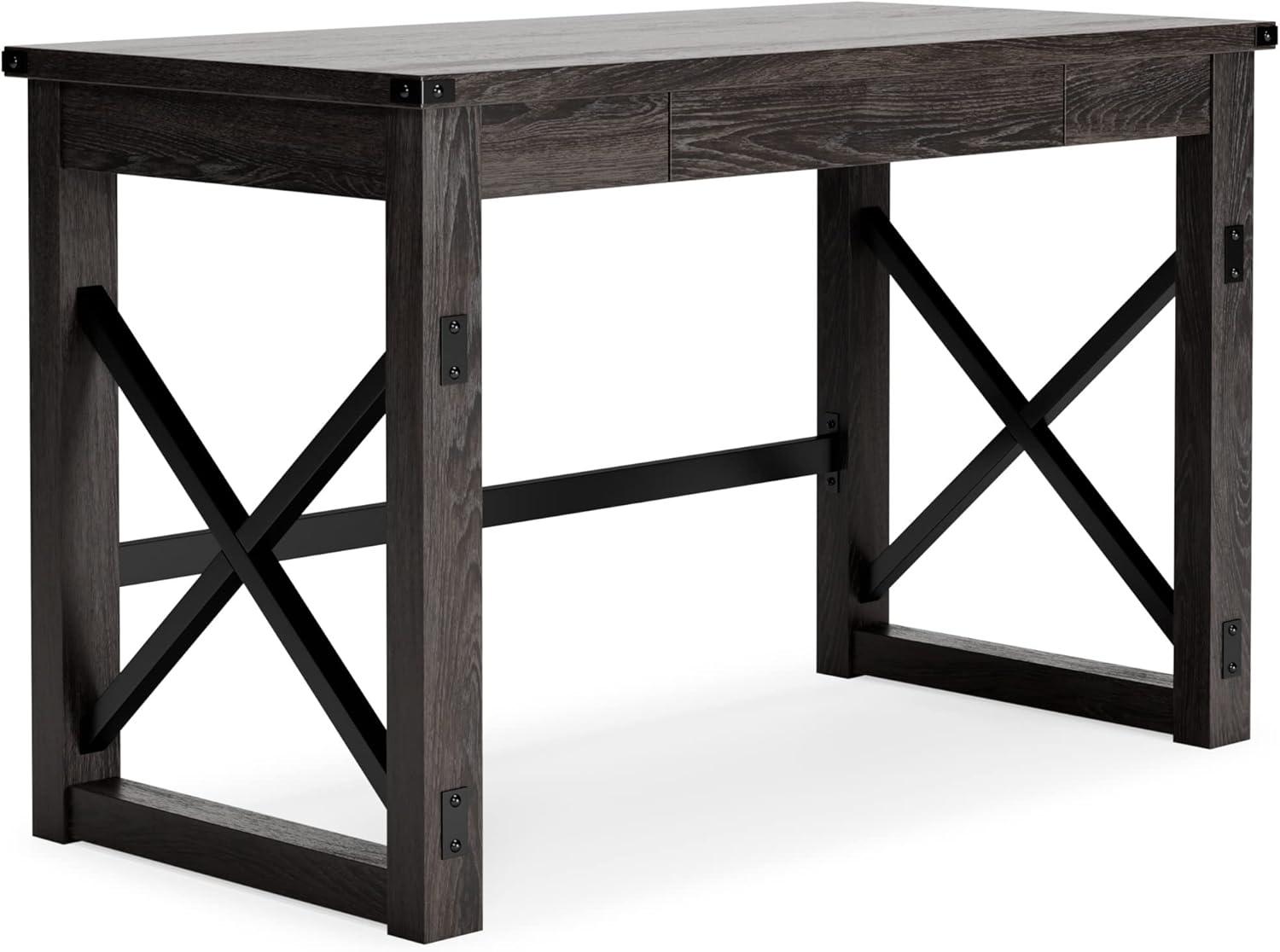 Dark Gray Rustic Wood Office Desk with Drawer and Iron X-Base