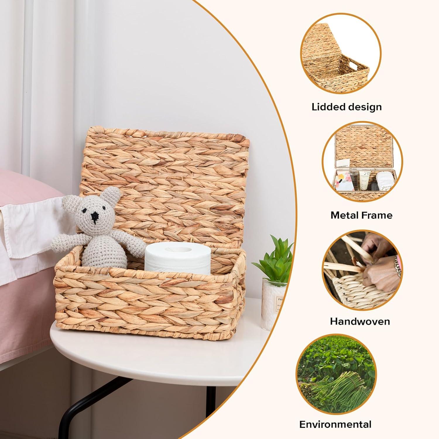 Gracie Oaks Wicker Storage Basket With Lid, Natural Decorative Wicker Basket For Shelf, Woven Baskets With Lids, 14In Lidded Basket, Rattan Storage Basket With Lid, Rattan Box Set Of 3 For Organizing