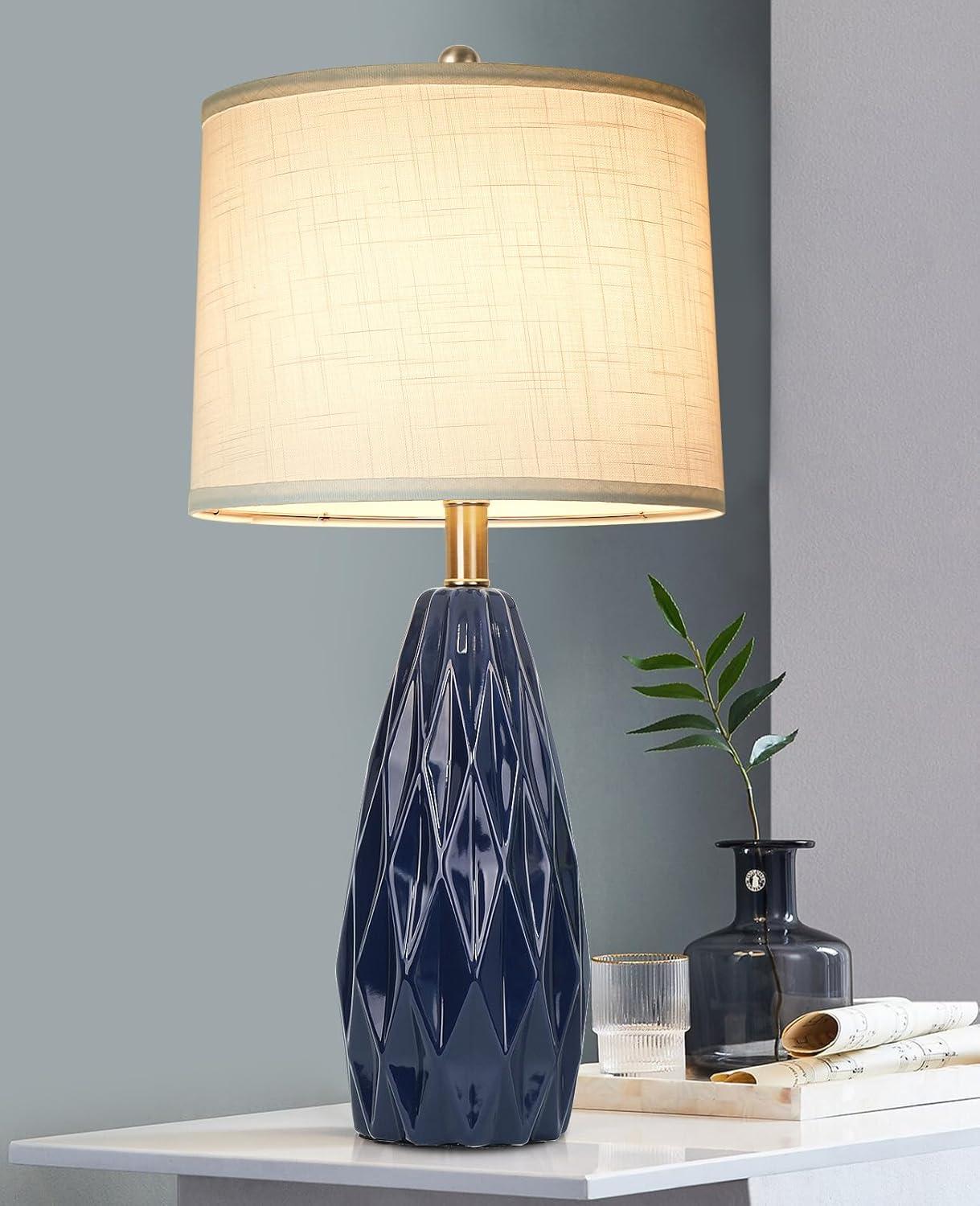 Navy Blue Ceramic Table Lamp with White Linen Shade