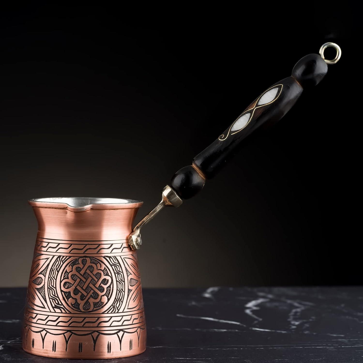 12 Oz Black Copper Turkish Coffee Pot with Wooden Handle and Spoon