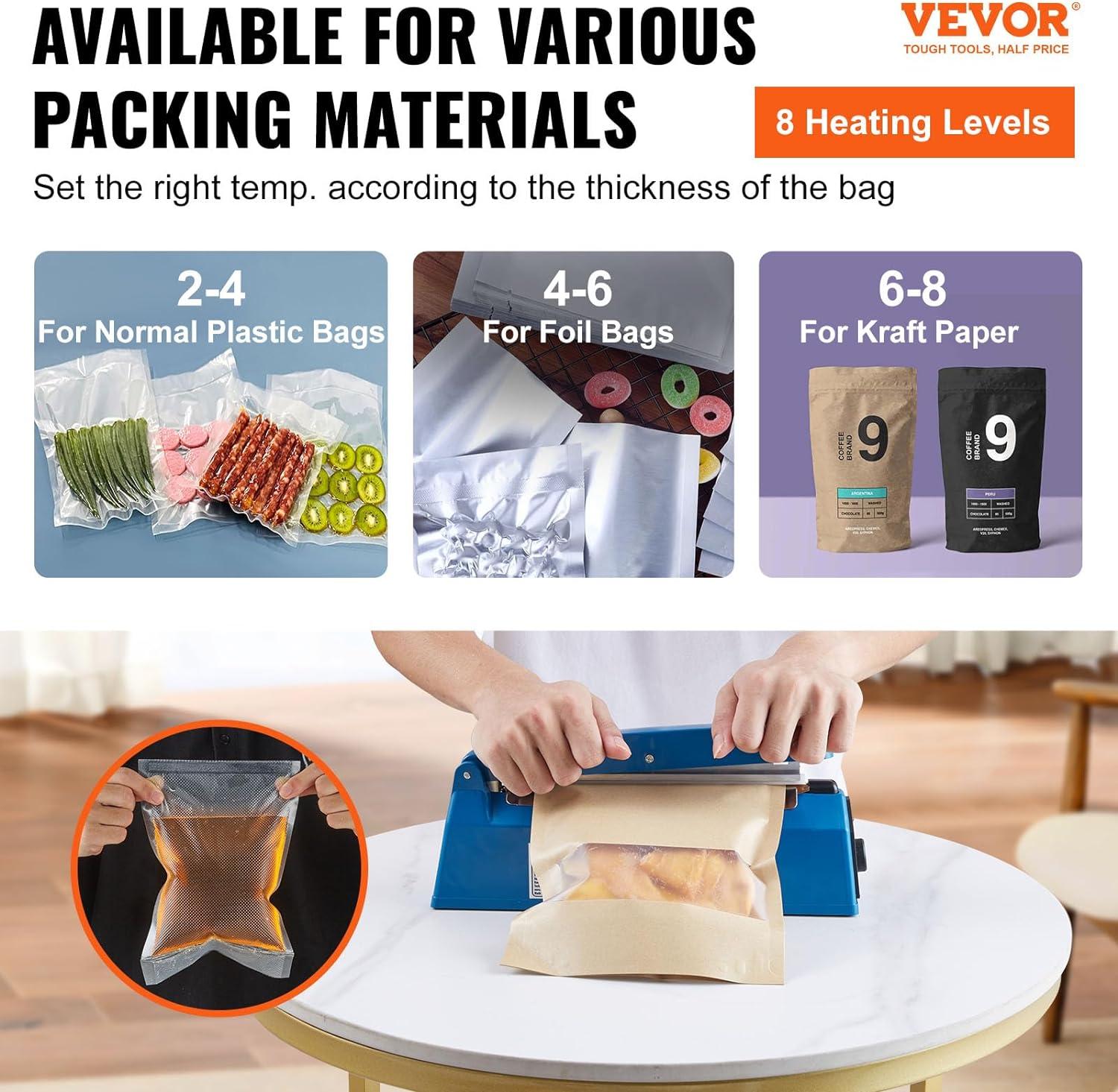 VEVOR 8-Inch Impulse Sealer, Adjustable Heat Manual Sealing Machine for Plastic, Mylar, PE, PP Bags - Portable Shrink Wrap Sealer with Extra Replacement Kit