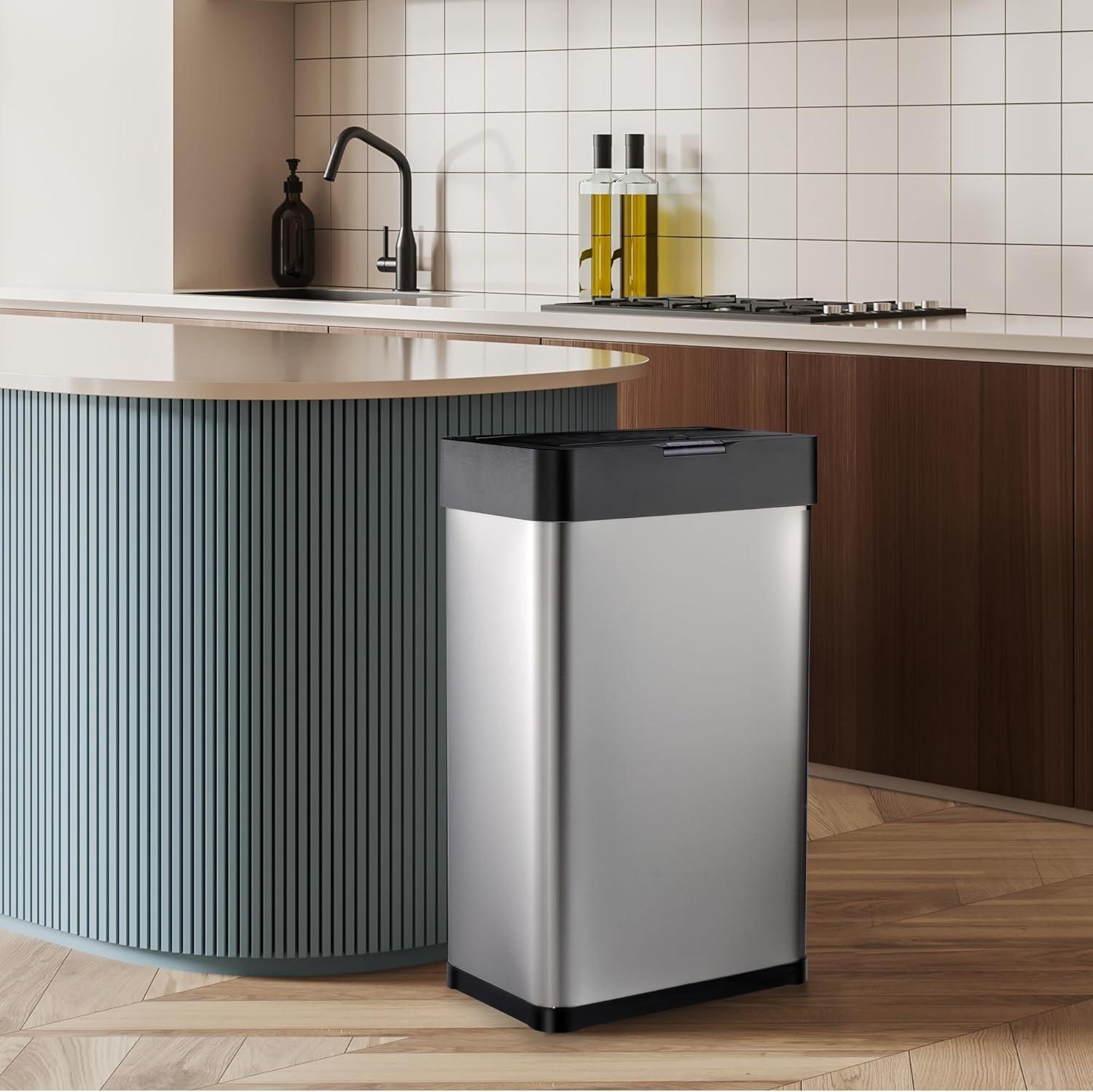 YfulYde 16 Gallon Trash Can, Sensor Trash Can, Stainless Steel Trash Bin with Lid, Soft Close, Automatic Waste Bin for Kitchen Living Room Office, Silver