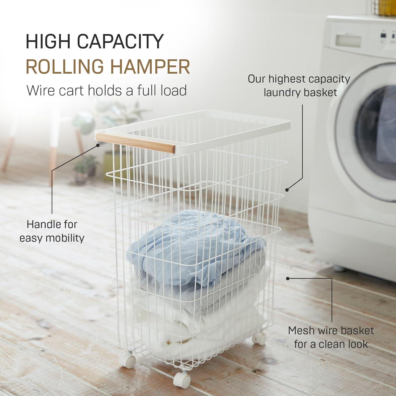 Yamazaki Home Slim Rolling Laundry Basket Hamper, Steel + Wood, 14.5 gallons, Handles, Wheels