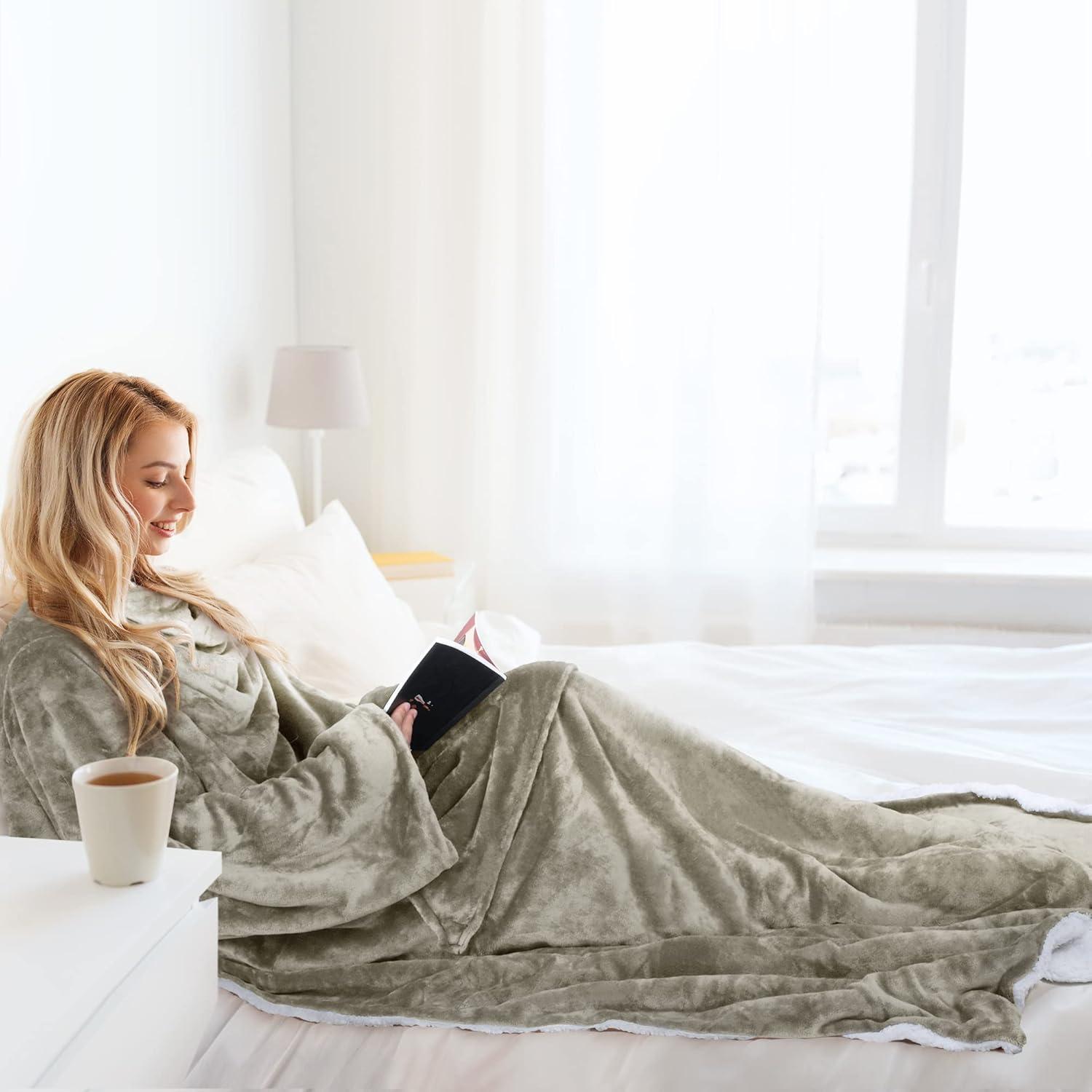 Catalonia Wearable Fleece Throws Blanket with Sleeves and Pocket for Women Men, Could Wrap Full Body Blanket Robe for Lounge Couch 70" x 52"，Machine Washable, Camel