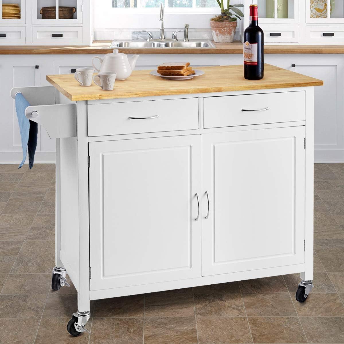 Costway Modern Rolling Kitchen Cart Island Wood Top Storage Trolley Cabinet Utility New White