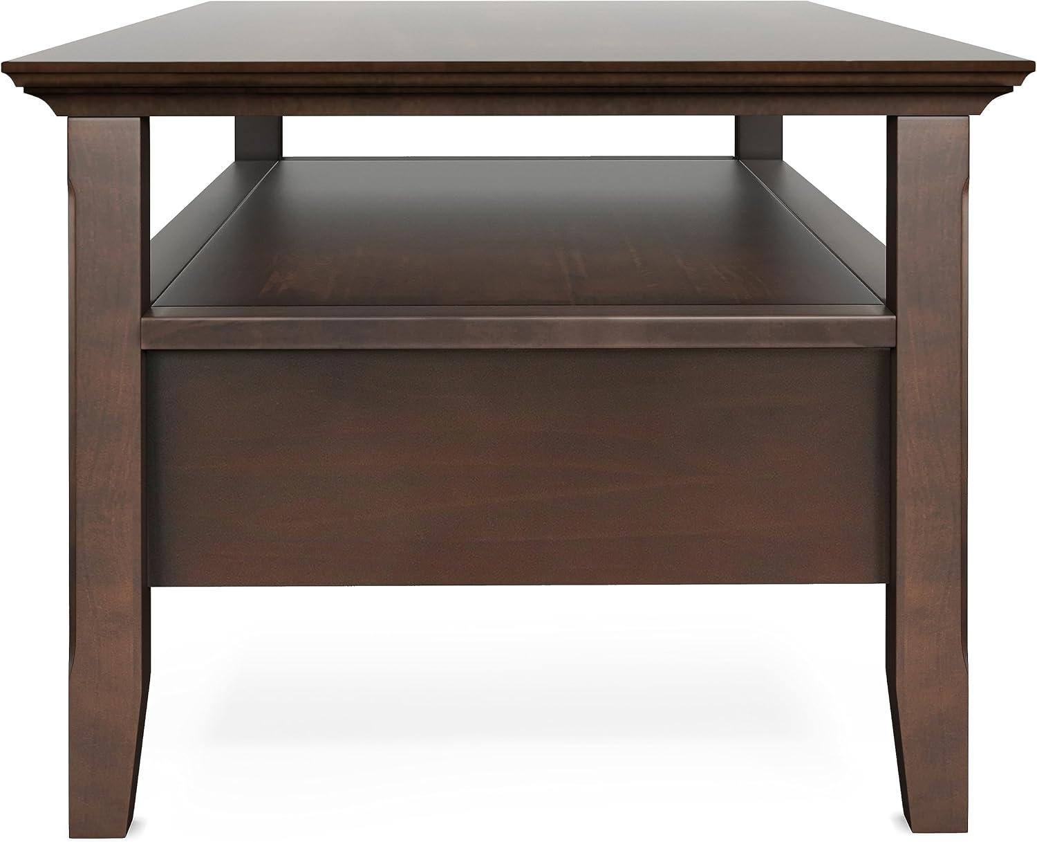 Simpli Home Acadian SOLID WOOD 48 inch Wide Rectangle Transitional Coffee Table with Drawer in Brunette Brown