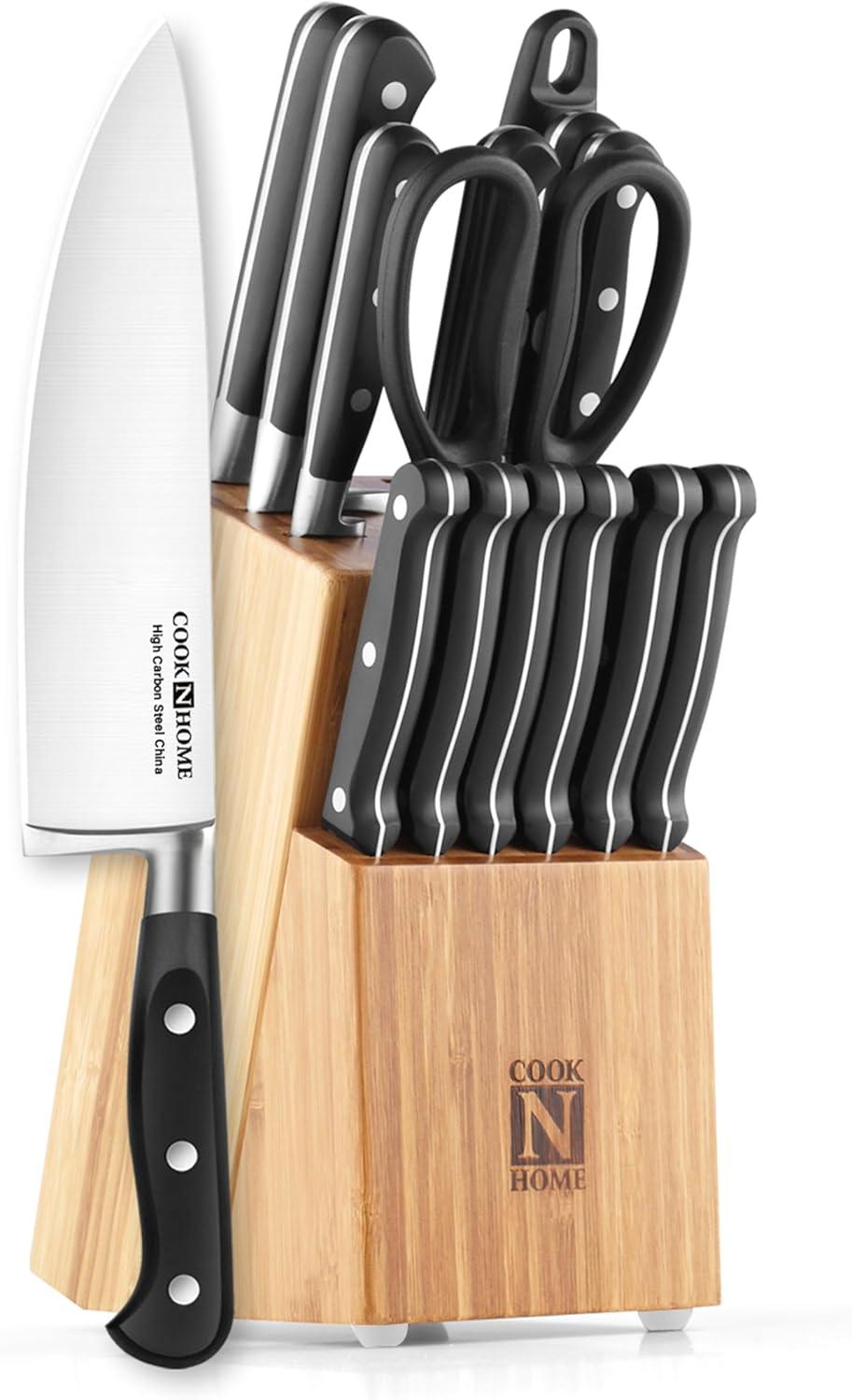 Cook N Home Kitchen Knife Set with Bamboo Storage Block 15-Piece, High Carbon Stainless Steel Blade, Black