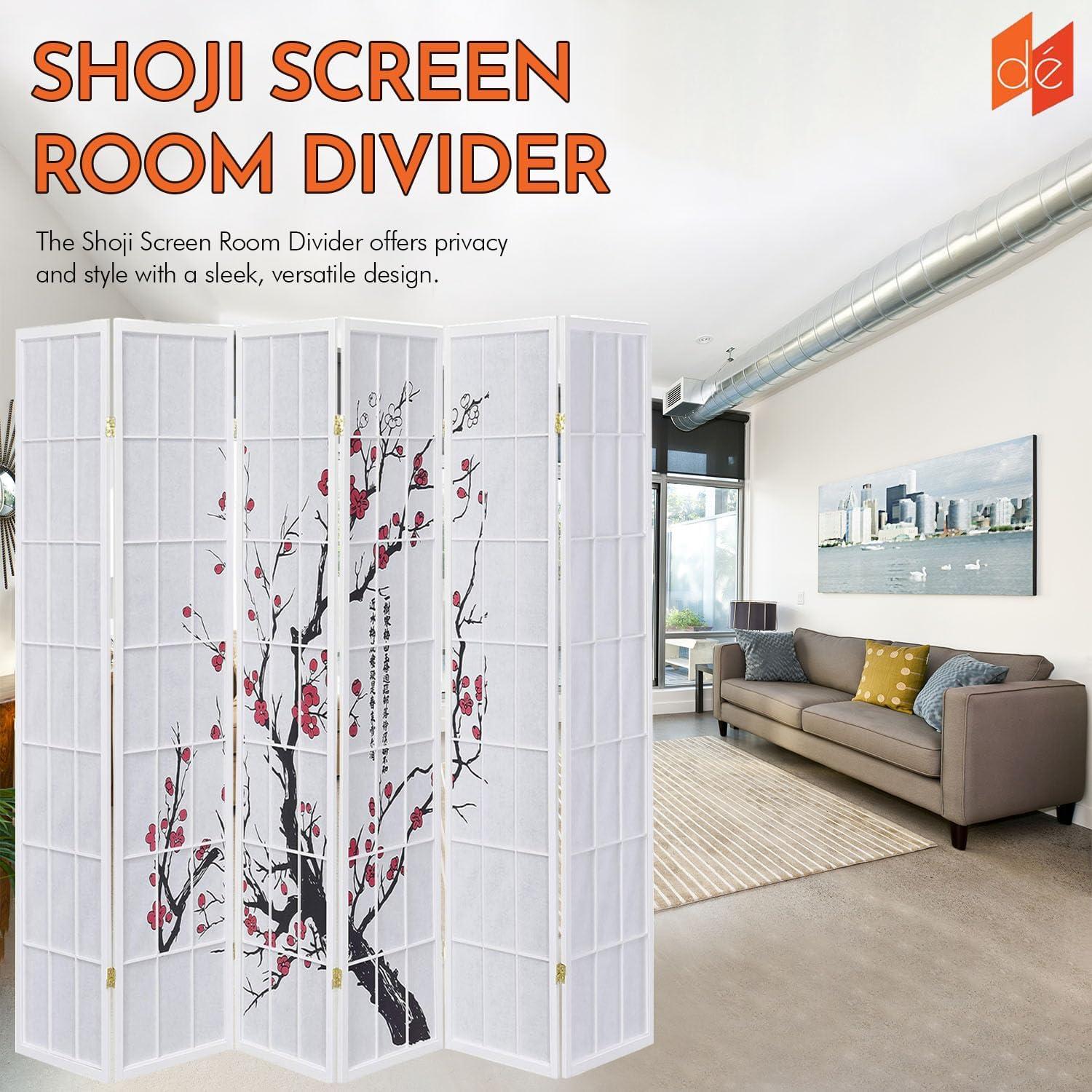 Legacy Decor 6 Panel Room Divider Privacy Screen Panel Blossom Shoji Design White Color