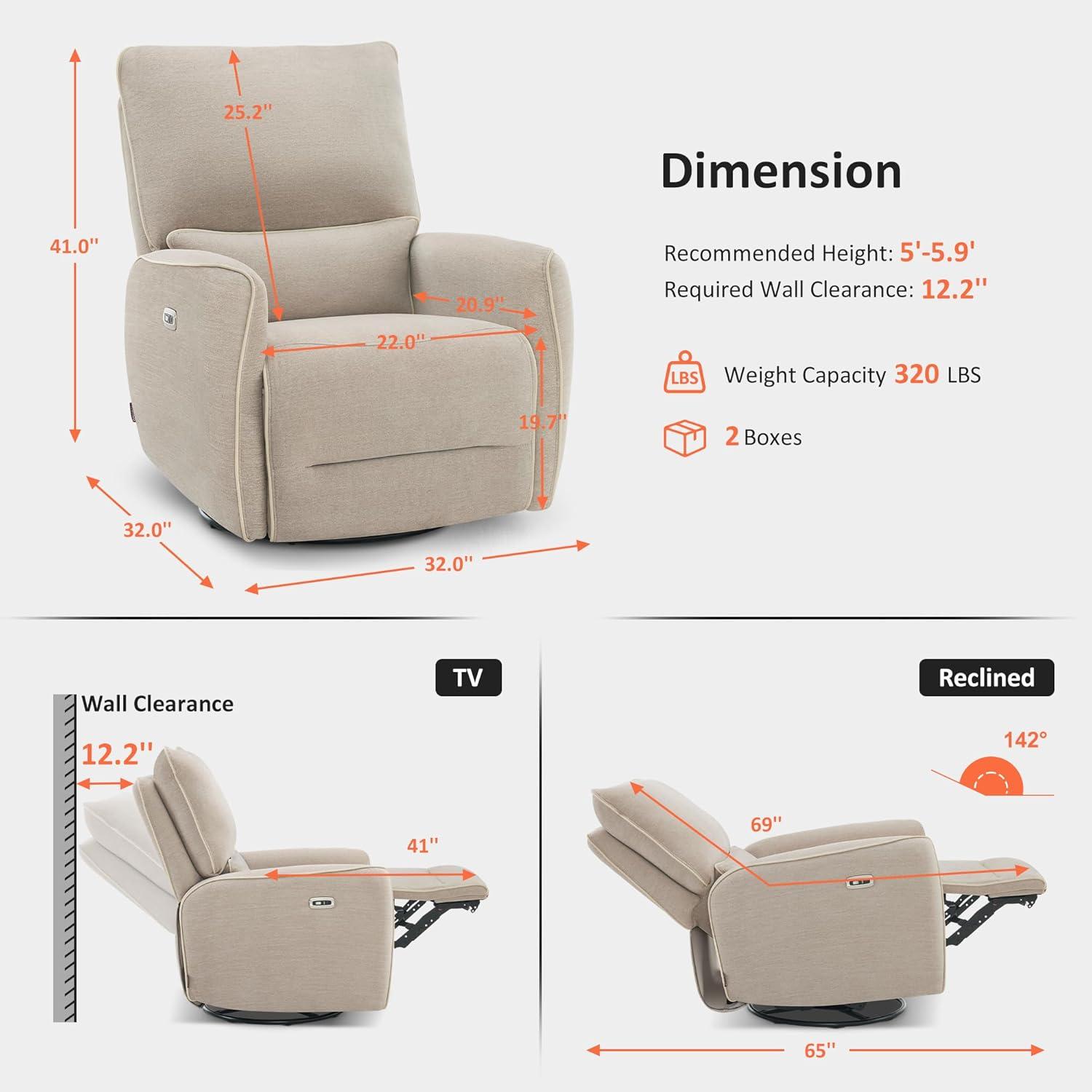 Power Swivel Glider Power Recliner Chair, Electric Rocker Recliner Chairs with USB Ports For Nursery, Fabric