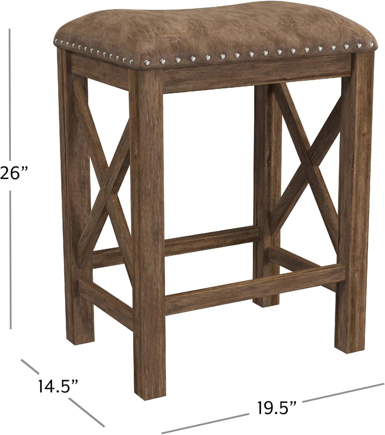 Antique Walnut & Weathered Brown Leather Saddle Barstool, Set of 2