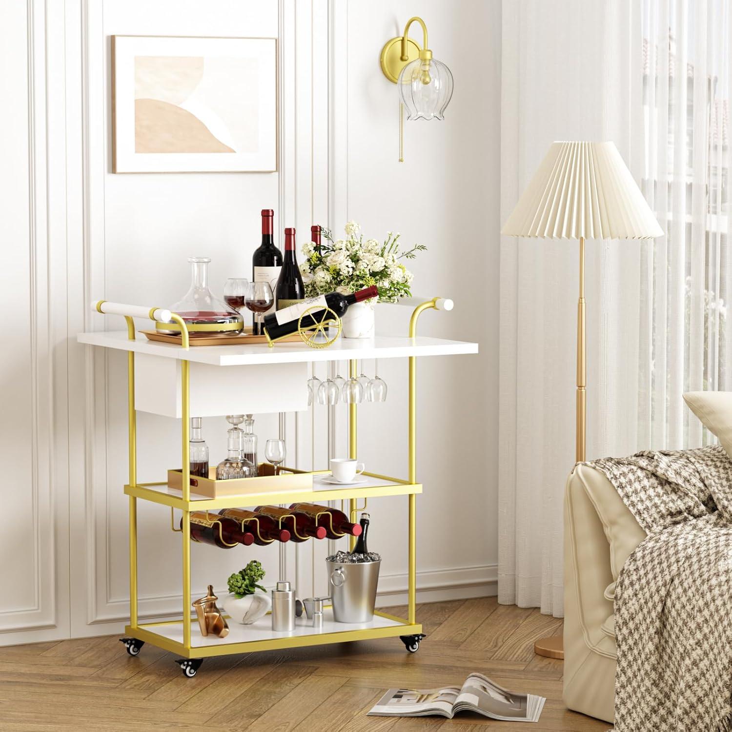 Gold and White 3-Tier Metal Bar Cart with Wine Rack