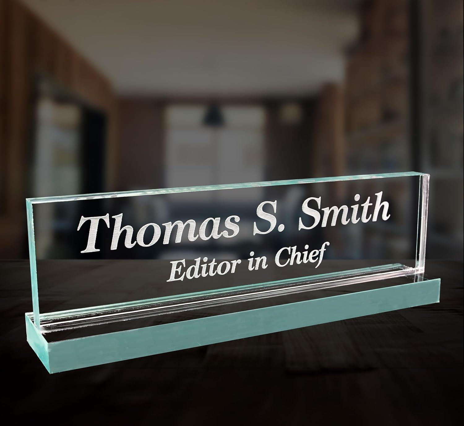 Lasercrafting Office Desk Name Plate Personalized Crystal Clear Glass-Like Acrylic Customized with Laser Engraved Frosted White Text