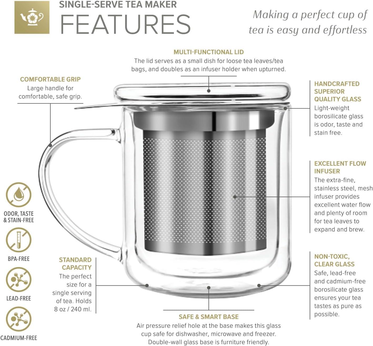 Teabloom Solista Single-Serve Tea Maker - Glass Mug with Infuser and Lid