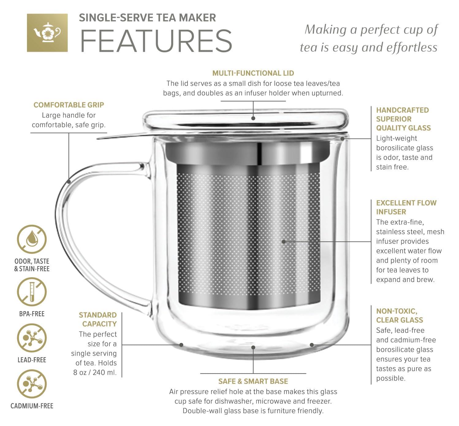 Teabloom Solista Single-Serve Tea Maker - Glass Mug with Infuser and Lid