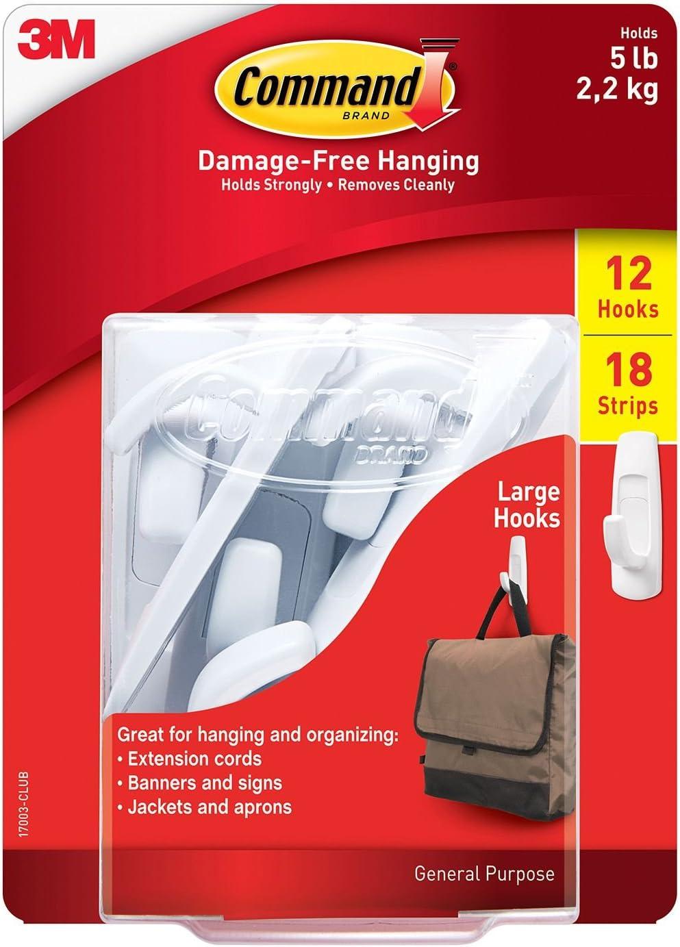 White Large Utility Hooks with Adhesive Strips, 12-Pack