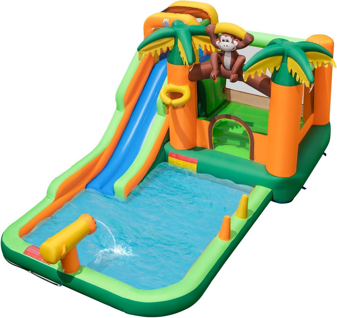 Costway Inflatable Water Slide Park Monkey Bounce House Splash Pool with 735W Blower