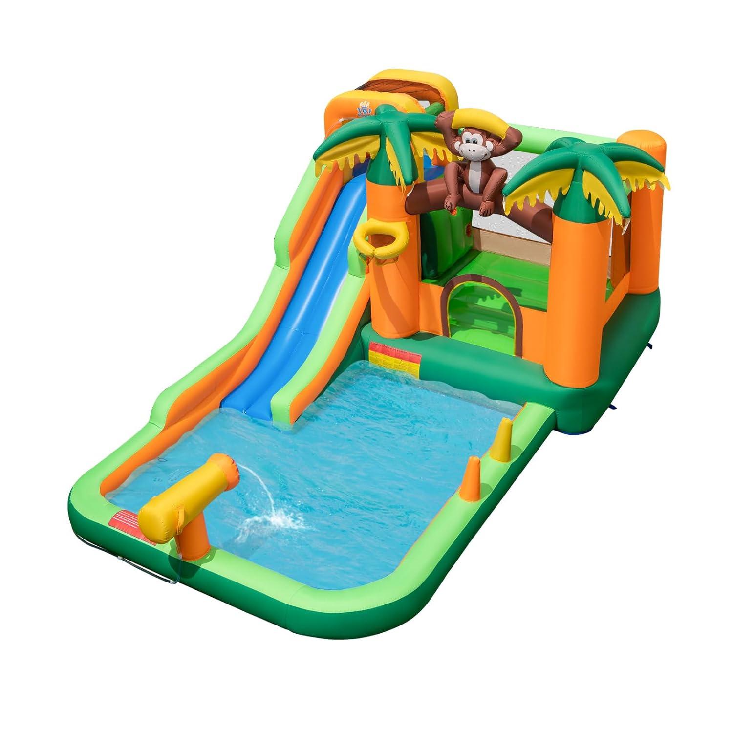 Costway Inflatable Water Slide Park Monkey Bounce House Splash Pool with 735W Blower