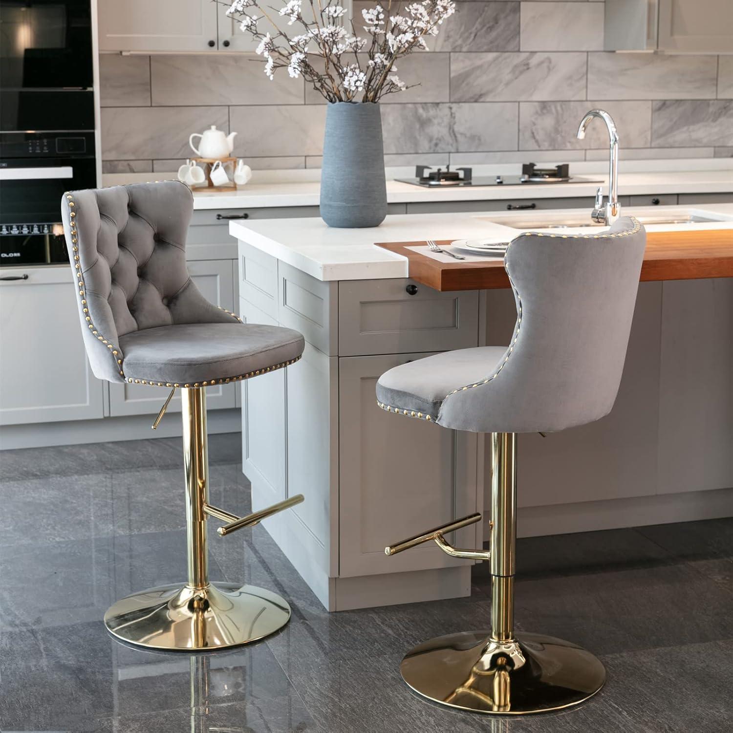Sesslife Swivel Bar Stools Set of 2, Upholstered Thickened Velvet Fabric High Barstool with Nail Trim, Adjustable Seat Height, Counter Height Bar Chairs with Back & Footrest for Kitchen Island, Gray