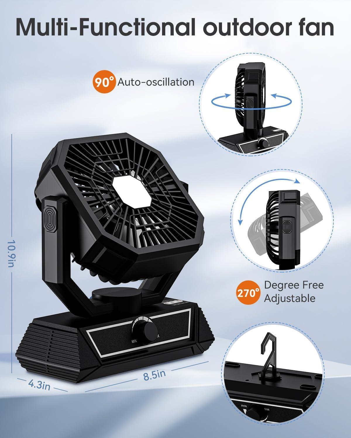 Black Portable Rechargeable Box Fan with LED Lantern