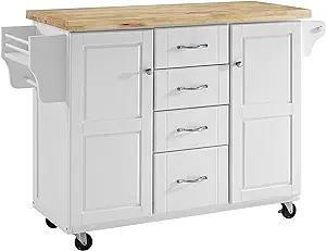 Elliott White and Natural Wood Kitchen Cart with Storage and Spice Rack