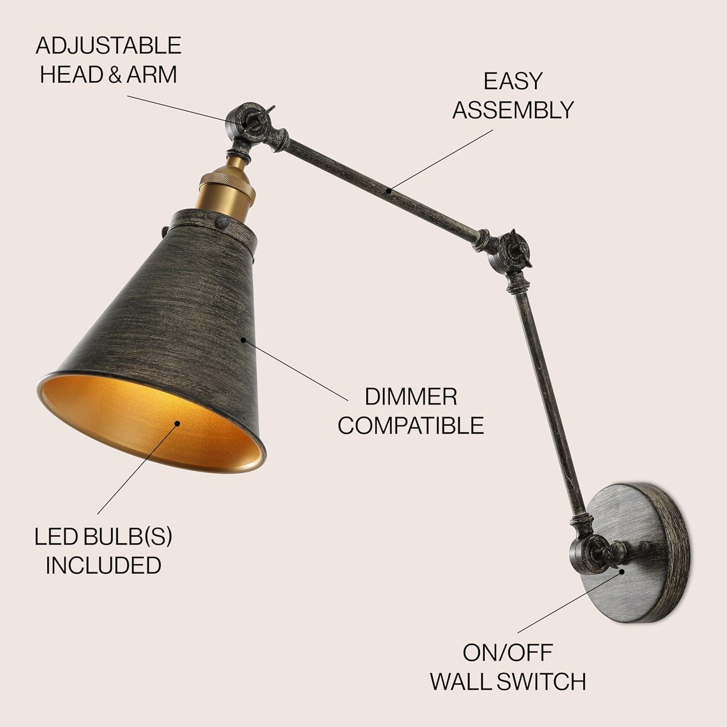 JONATHAN Y Rover 7" Classic Industrial Metal Adjustable Arm LED Wall Sconce, Rustic Dark Gray/Brass Gold