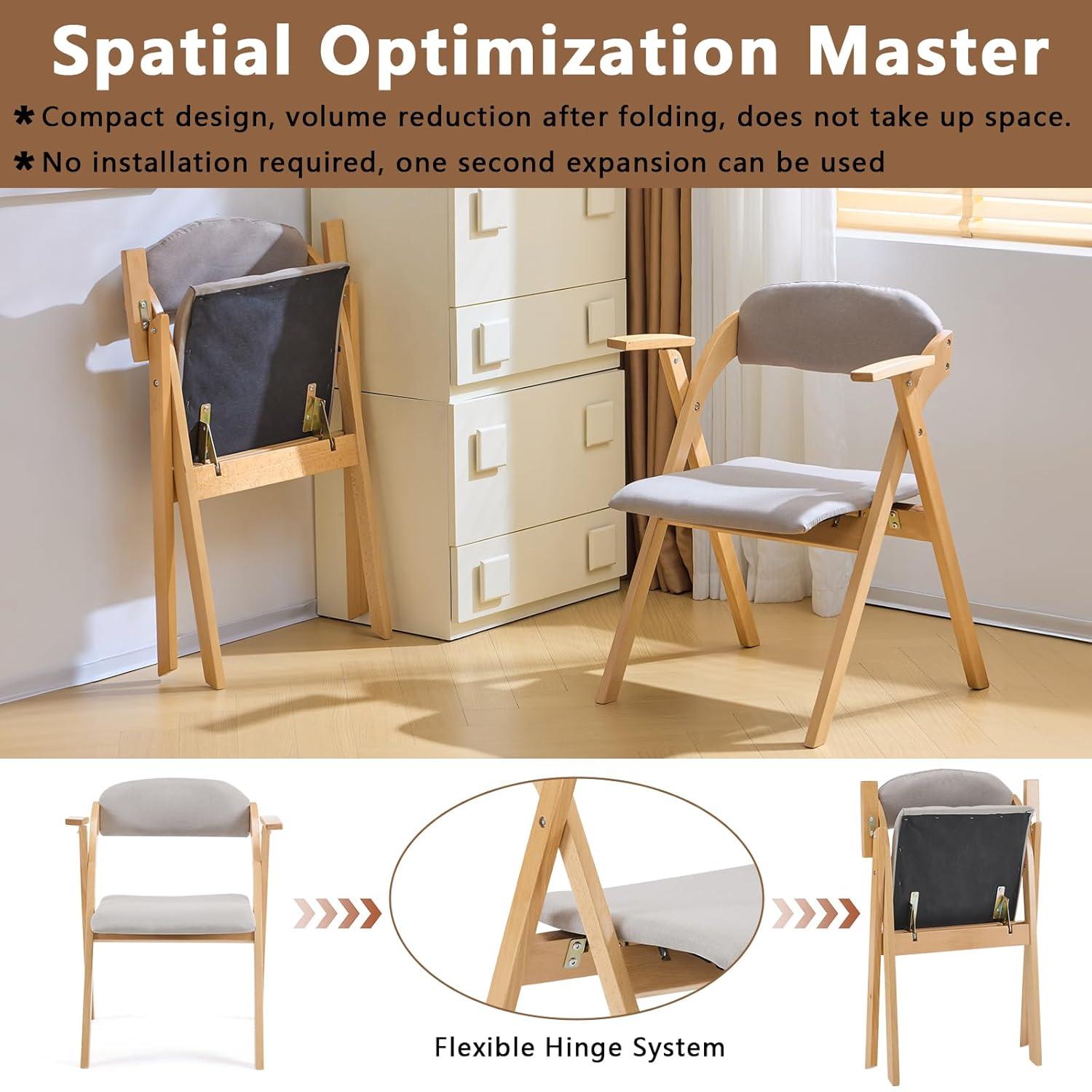 IVV Set of 2 Wooden Folding Chairs with Padded Seats and Backrests, Beechwood Frame Portable Chairs with Light Gray PU Leather Cushion