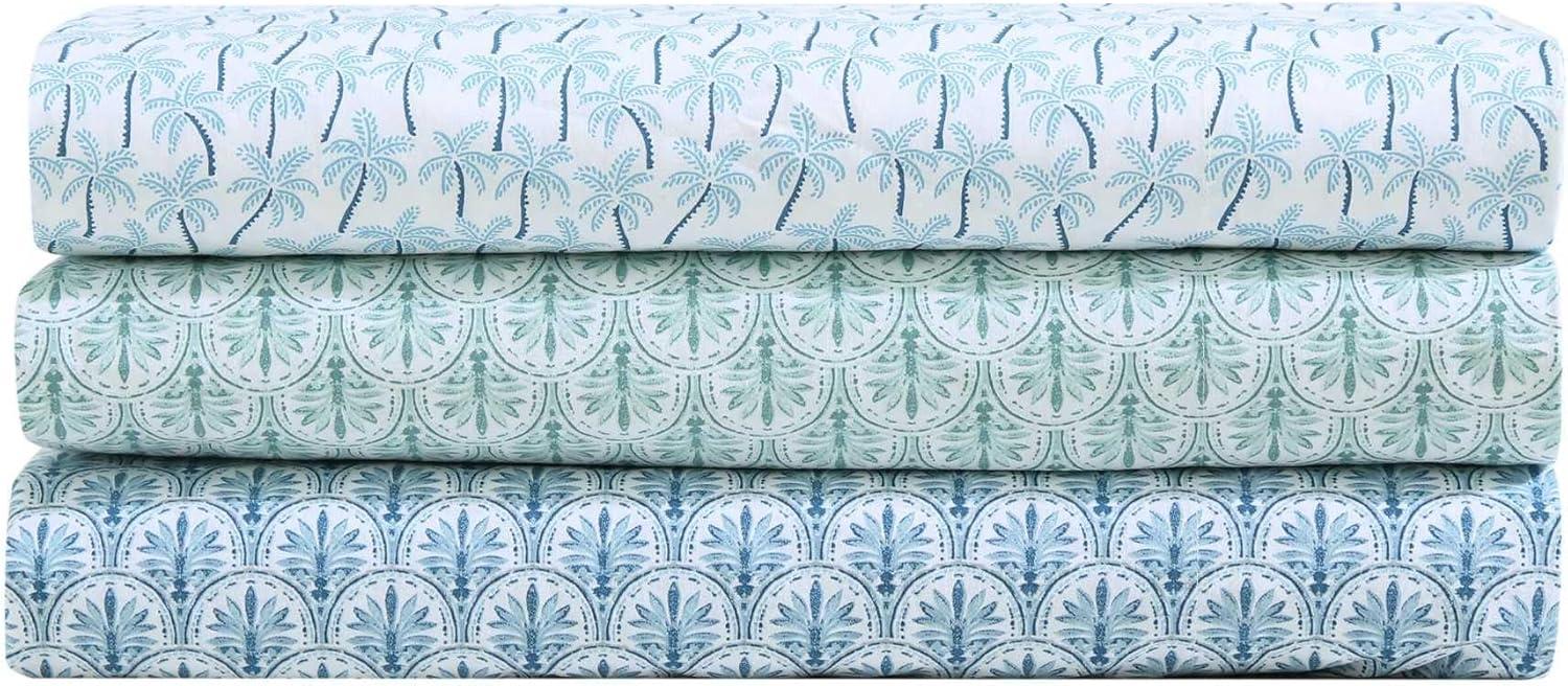 Palmtastic Blue Cotton Queen Sheet Set with Palm Print