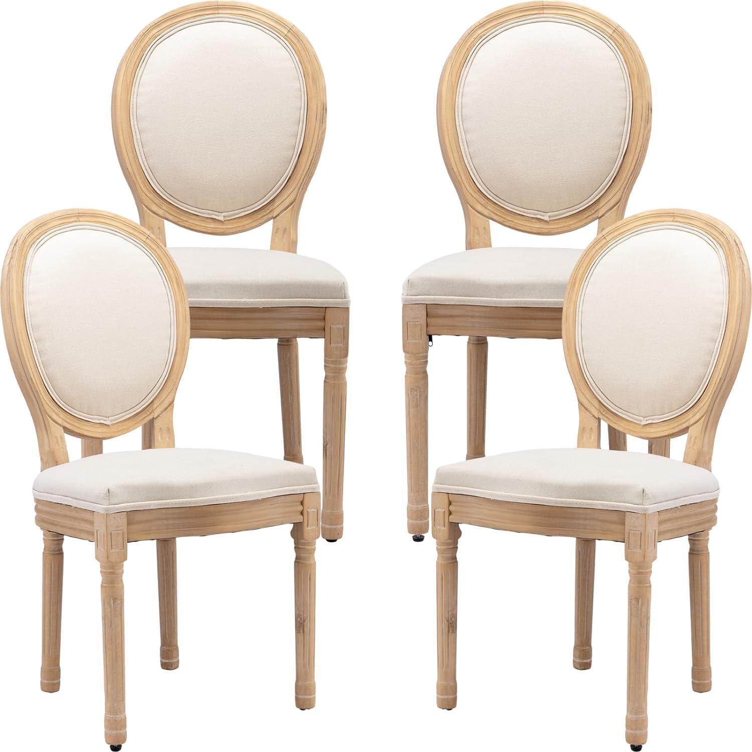 French Country Dining Chairs Set of 4, Cream Kitchen & Dining Room Chairs Set of 4, Ivory Linen Upholstered Dining Chairs, Wood Legs, Sillas De Comedor (Fabric, Beige, 4Pcs)