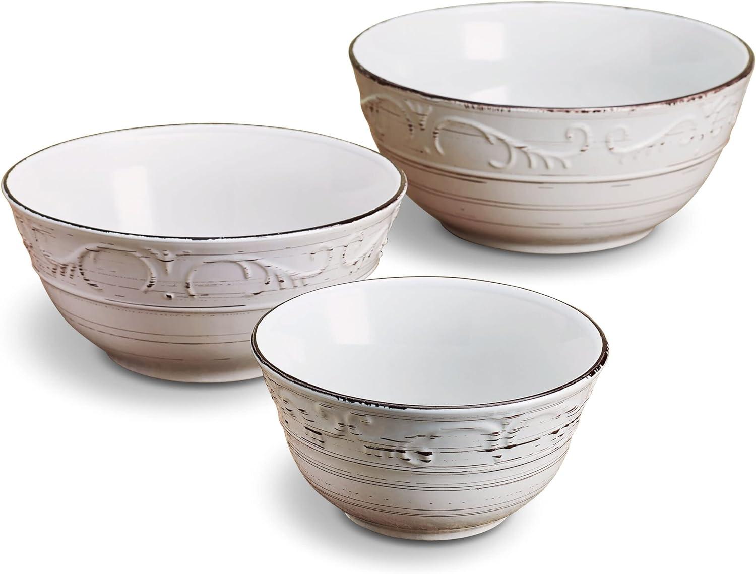 White Ceramic Rustic Patterned Serving Bowl Set of 3