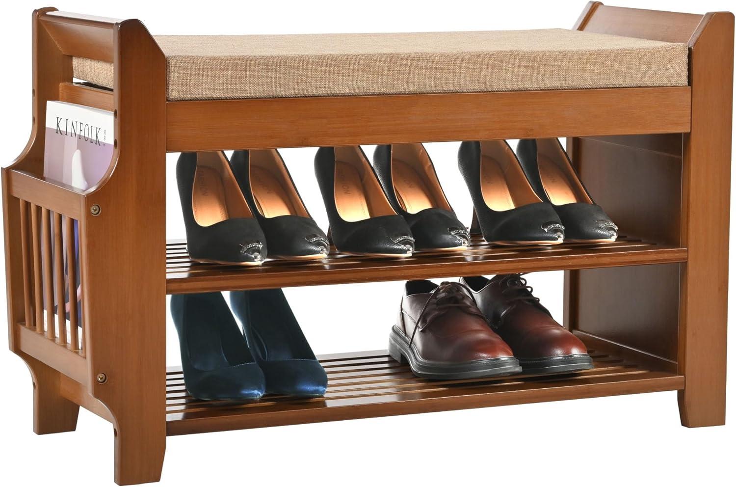 Bamboo 2-Tier Shoe Storage Bench with Hidden Drawer