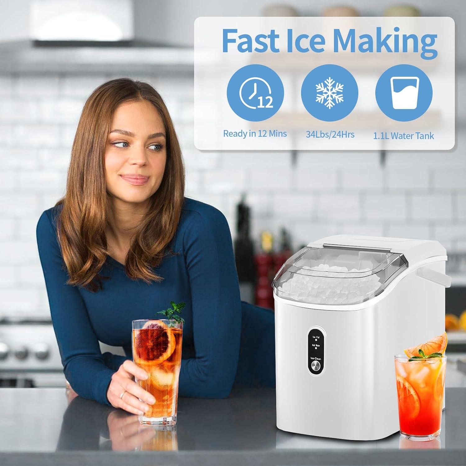 White Portable Countertop Nugget Ice Maker with Self-Cleaning